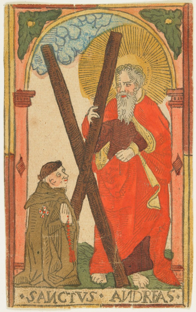 Pyhä Andreas munkin kanssa (Elsass), n. 1500 (käsinvärinen puupiirros) tekijältä German School