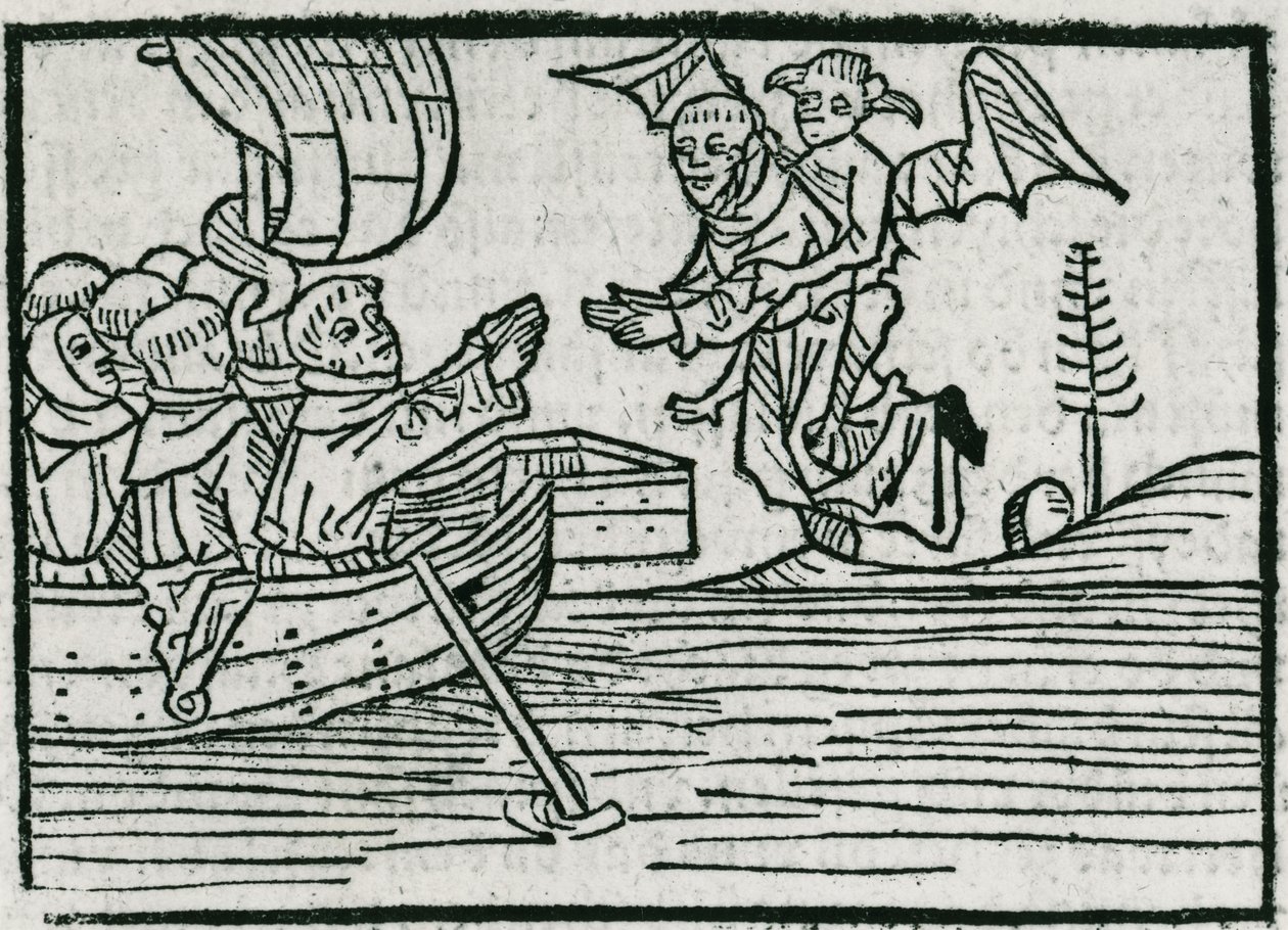 St. Brendan ja demoni, kuvitus teoksesta "The Voyage of St. Brendan", 1499 tekijältä German School