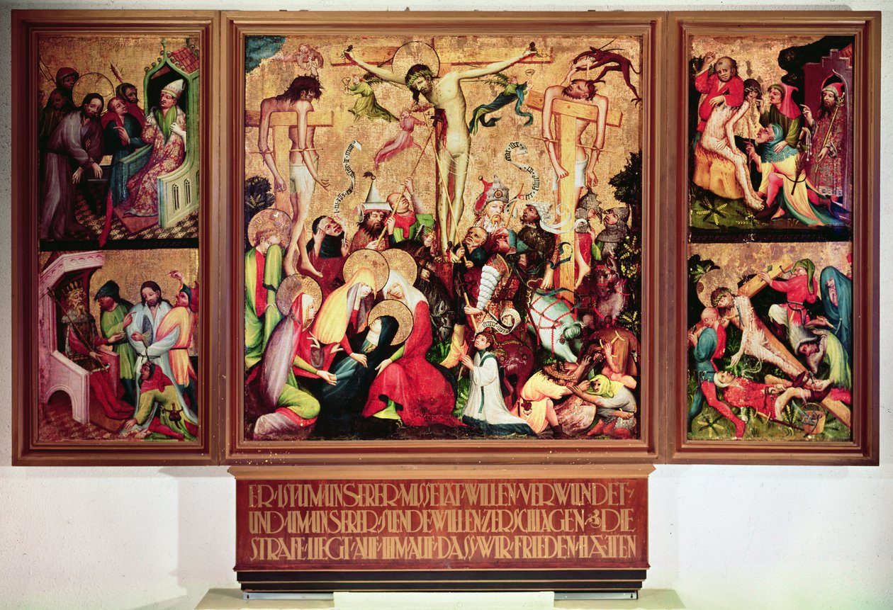 Ristiinnaulitseminen, triptyykki sivupaneeleilla, jotka kuvaavat kohtauksia Passionista (tempera paneelissa) tekijältä German School