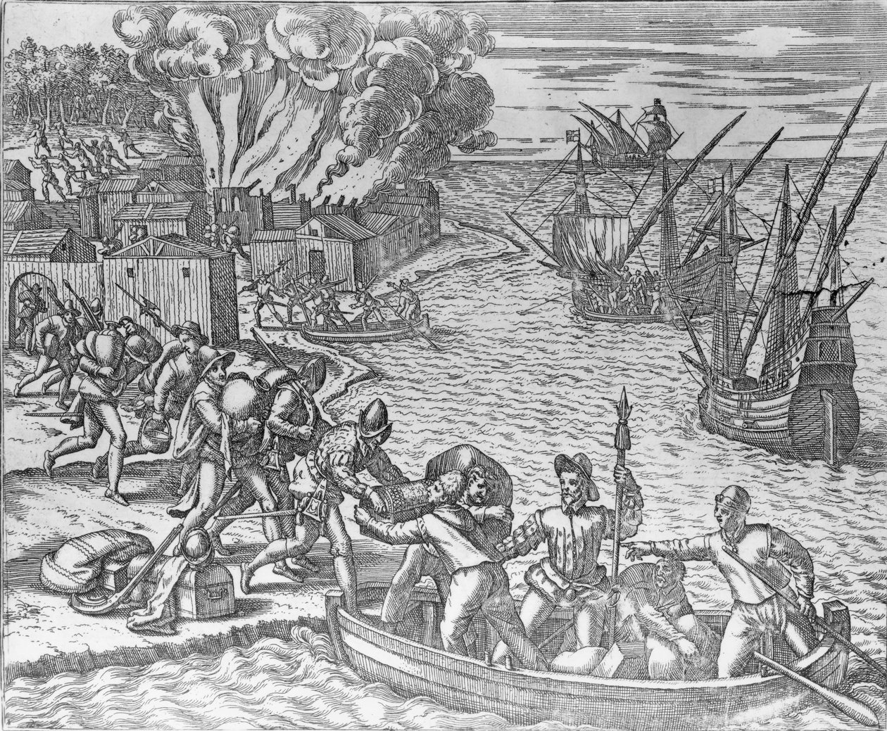 Ranskalainen laivasto ryöstää ja sytyttää Chioreramin kaupungin, kaiverrus Theodore de Bry (1528-98) tekijältä German School