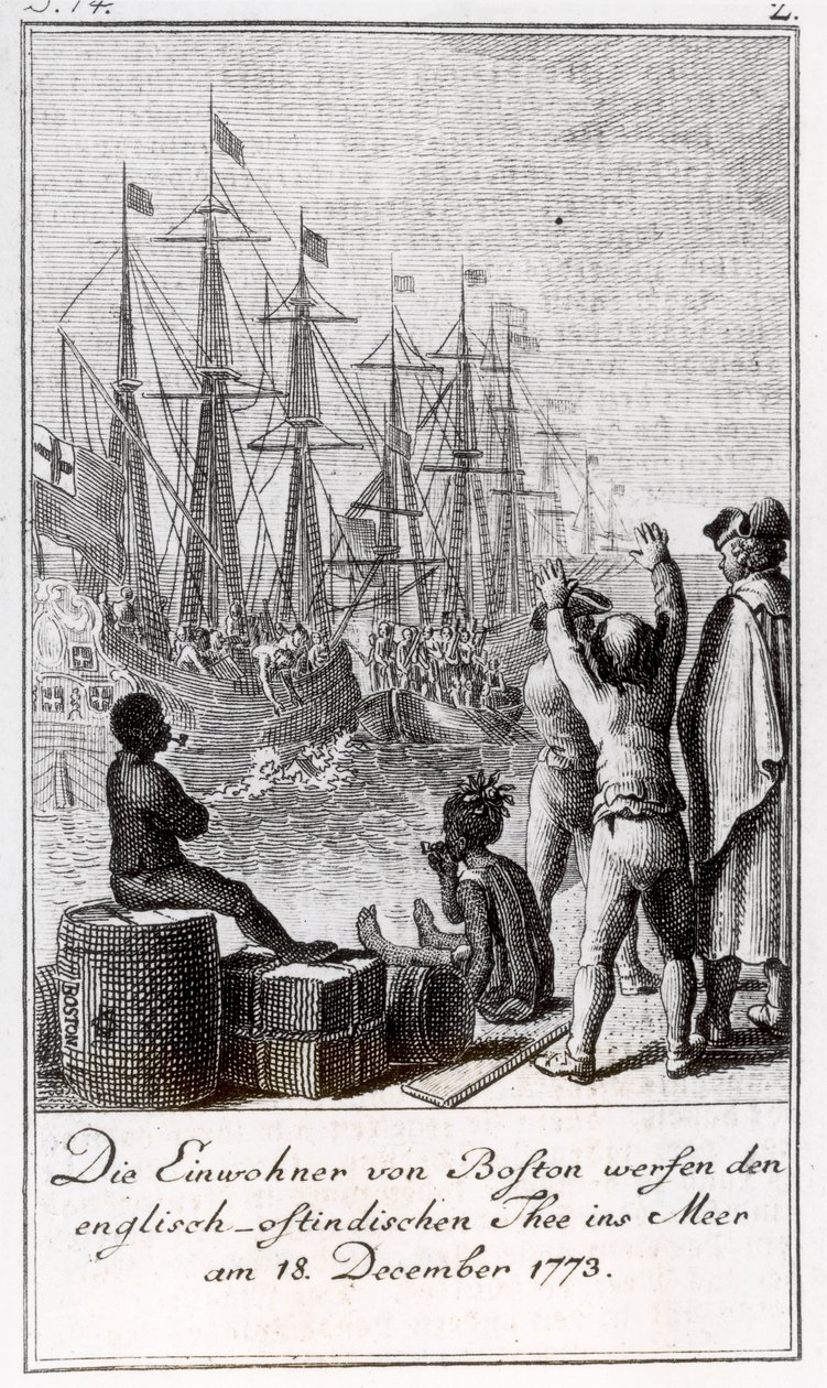 Bostonin asukkaat heittävät englantilais-itä-intialaista teetä mereen, 18. joulukuuta 1773 tekijältä German School