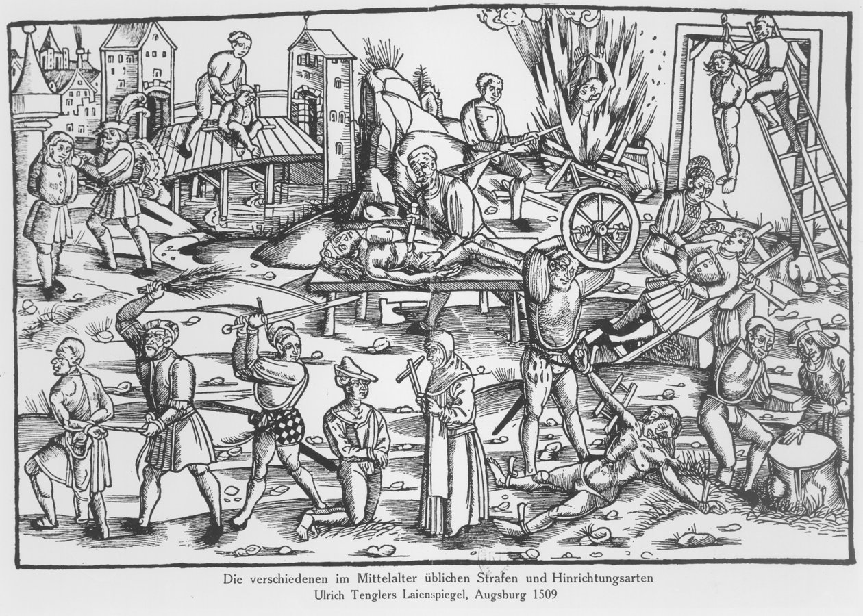 Tavalliset rangaistukset Saksassa keskiajalla, Ulrich Tenglerin kuvitus Laienspiegelistä, julkaistu Augsburg 1509 tekijältä German School