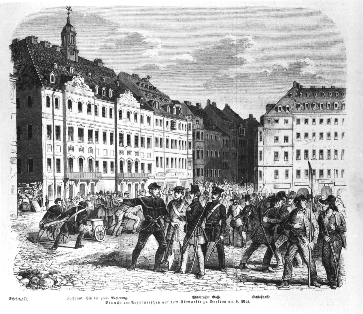 Kapina Dresdenissä 6. maaliskuuta 1848, kuvitus "Illustrierte Zeitungista" tekijältä German School