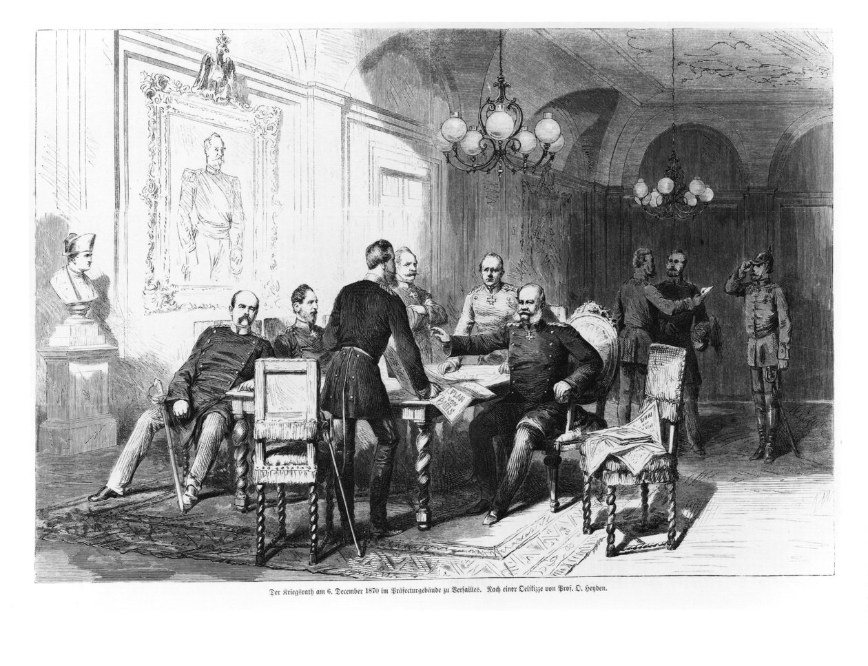 Sotaneuvosto Versaillesin prefektuurissa 6. joulukuuta 1870, kuvitus Illustrierte Zeitungista, 1871 tekijältä German School
