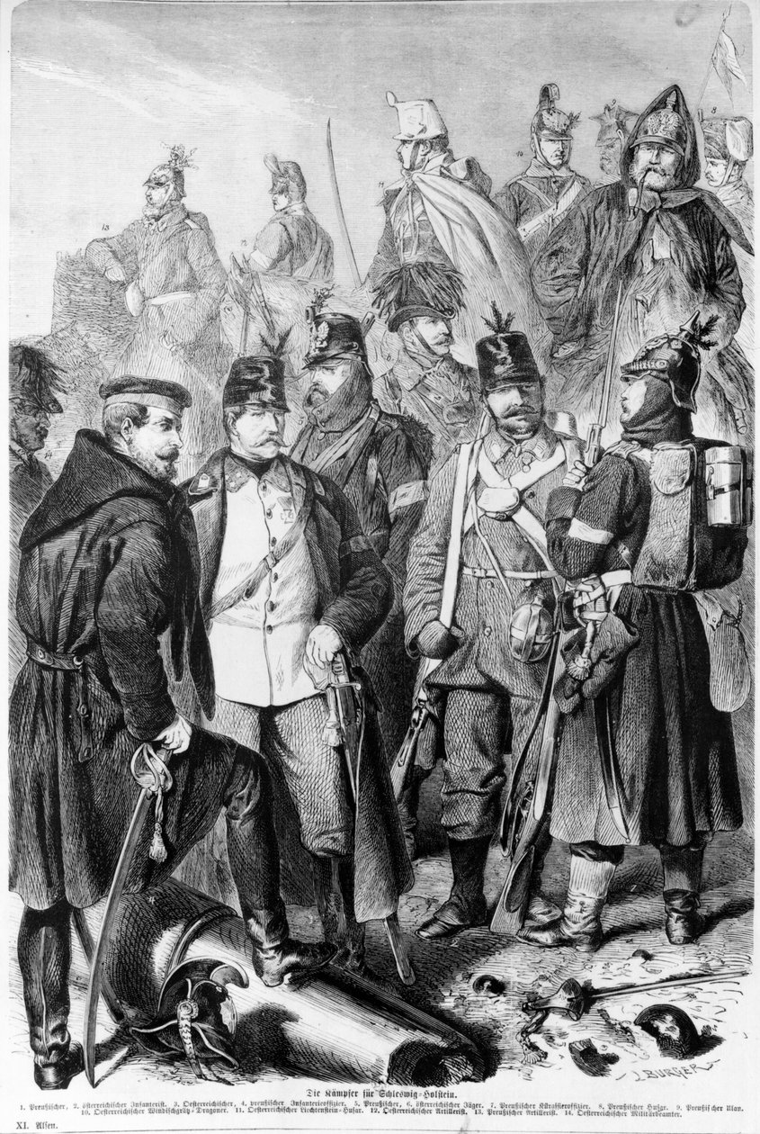 Herttuakuntien sota, itävaltalaiset ja preussilaiset sotilaat ja upseerit taistelevat Schleswig-Holsteinin puolesta, 1864, julkaistu Leipzigissä tekijältä German School