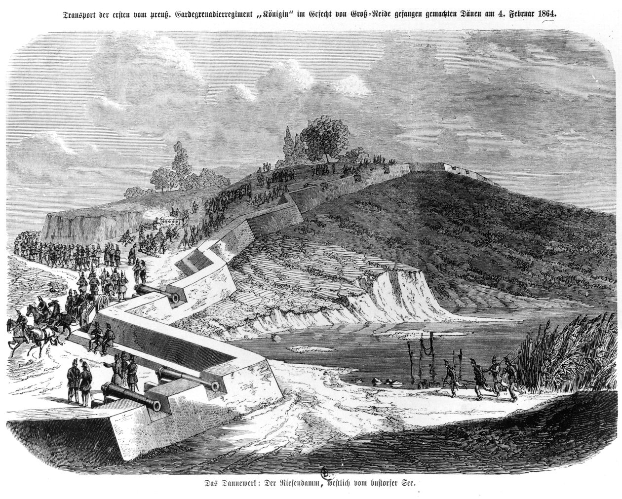 Herttuakuntien sota, tanskalaiset linnoitukset, kuvitus teoksesta "Illustrierte Kriegsberichte aus Schleswig-Holstein", 1864 tekijältä German School