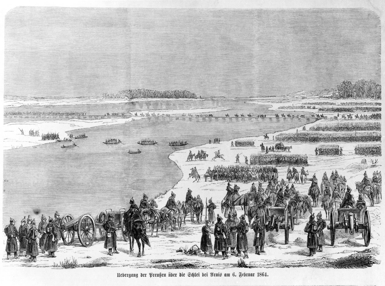 Herttuakuntien sota, Preussin armeija ylittämässä Shlein Arnisissa, kuvitus teoksesta "Illustrierte Kriegsberichte aus Schleswig-Holstein", 1864 tekijältä German School