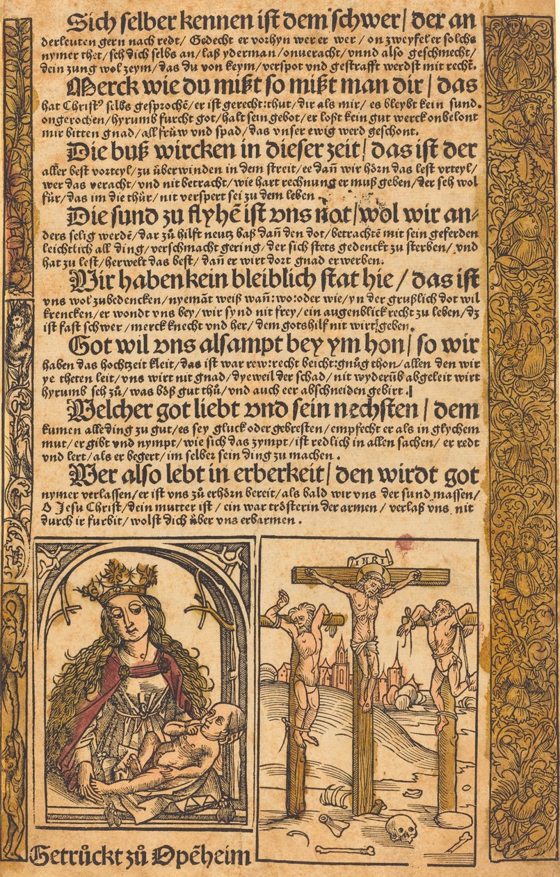 Broadside kaksi kohtausta Kristuksen elämästä ja groteskeja rajoja tekijältä German 15th Century