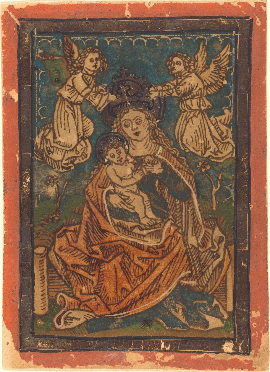 Madonna ja lapsi istuvat ruohopenkillä enkelien kanssa tekijältä German 15th Century