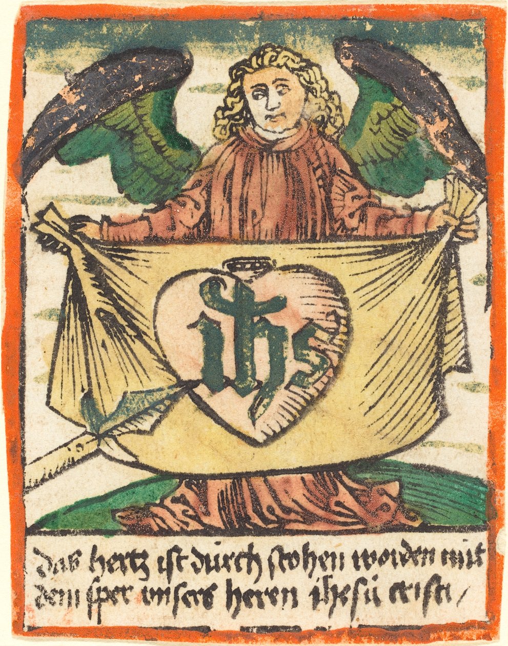 Pyhä monogrammi pyhässä sydämessä enkelin pitämässä kankaassa tekijältä German 15th Century