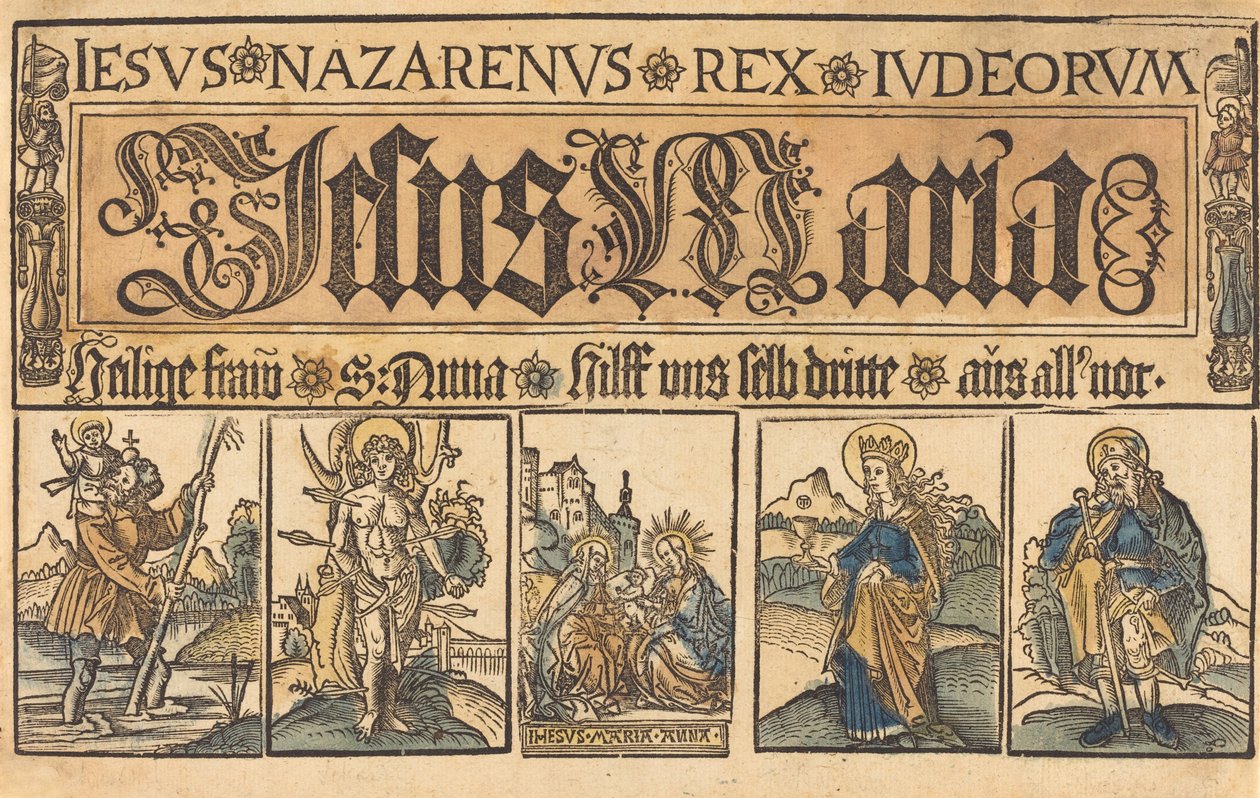 Pyhä Anna, Madonna ja lapsi sekä pyhät Christopher, Sebastian, Clara ja Roche tekijältä German 15th Century