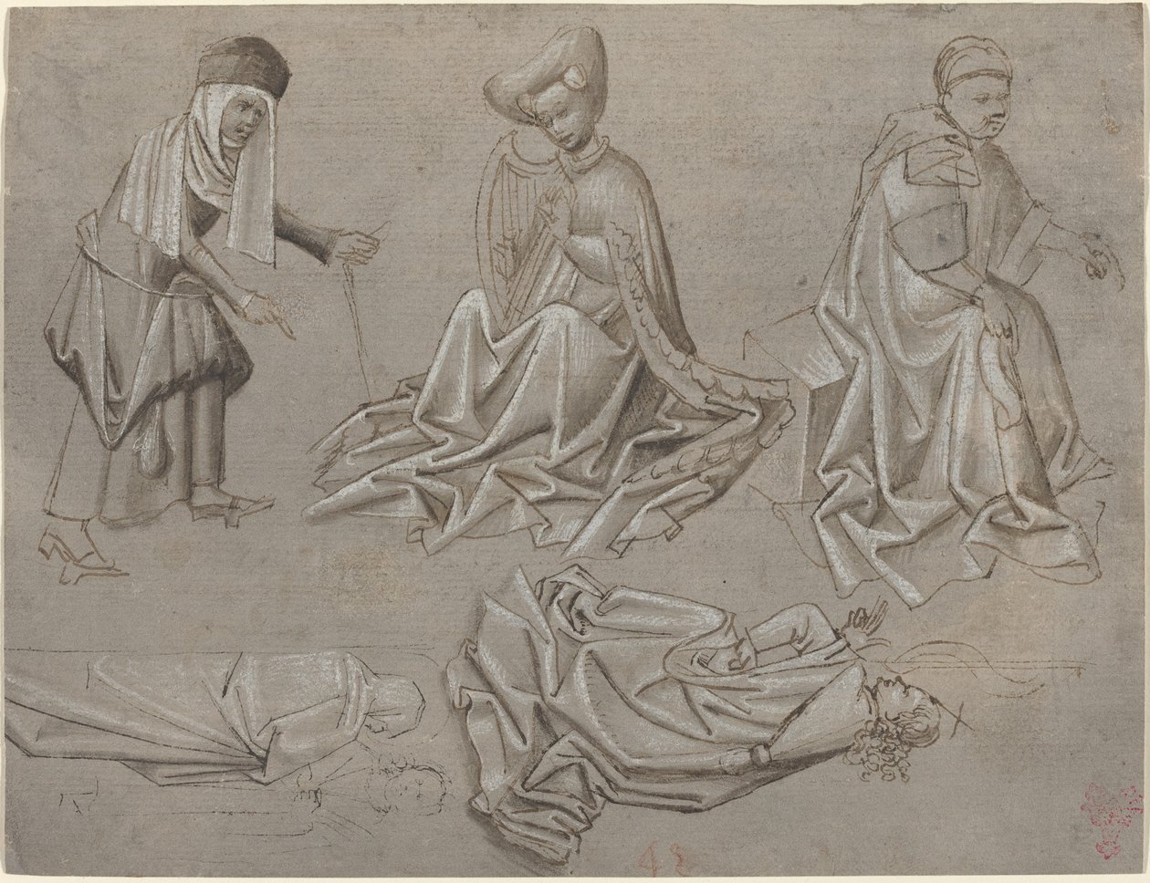 Tutkimuksia kuudelle hahmolle (arkki mallikirjasta) [recto] tekijältä German 15th Century