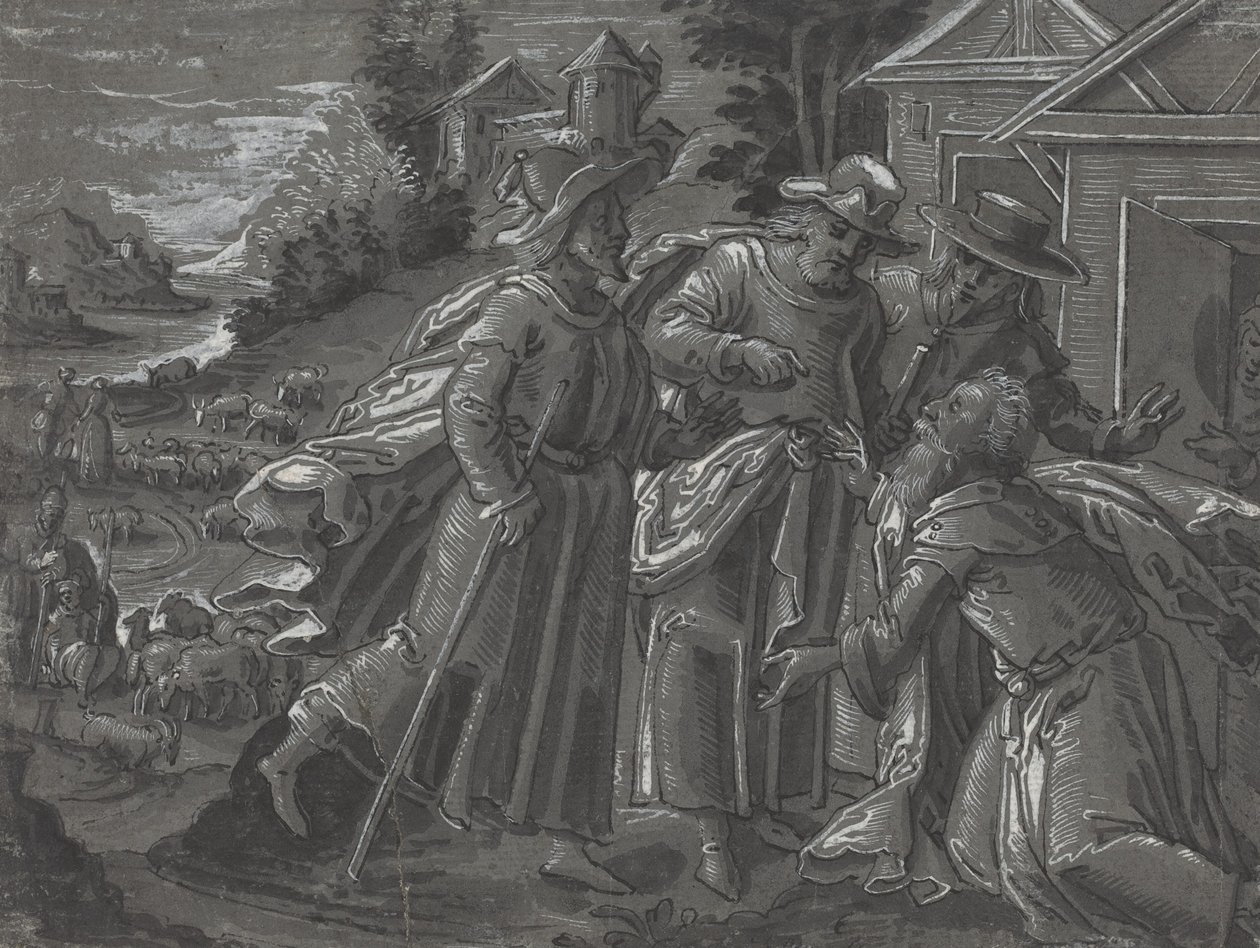 Abraham viihdyttämässä enkeleitä [verso] tekijältä German 16th Century