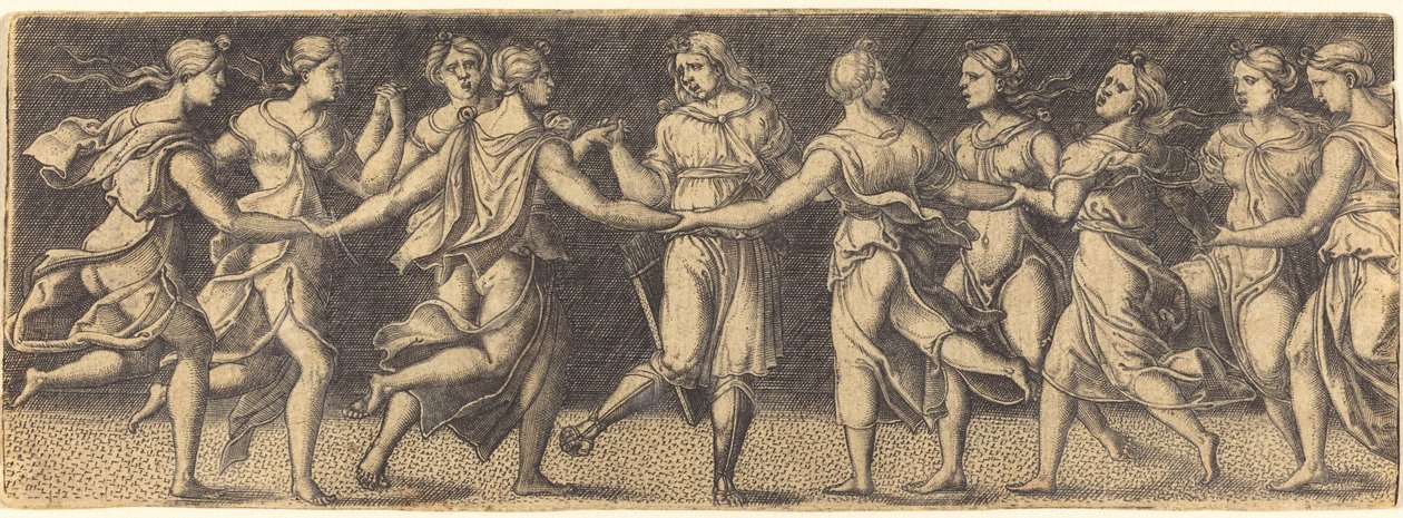 Apollo tanssii yhdeksän muusan kanssa tekijältä German 16th Century