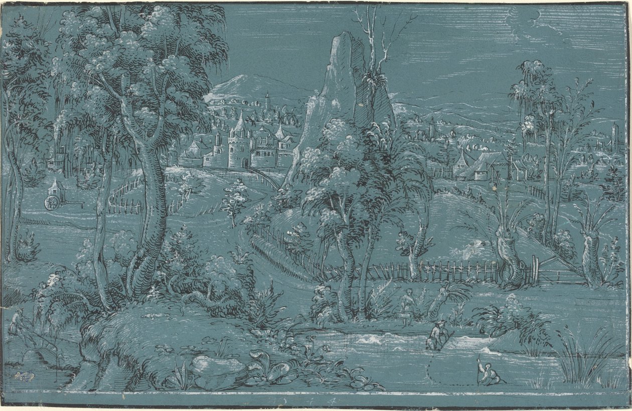 Maisema miesten kalastuksen kanssa tekijältä German 16th Century