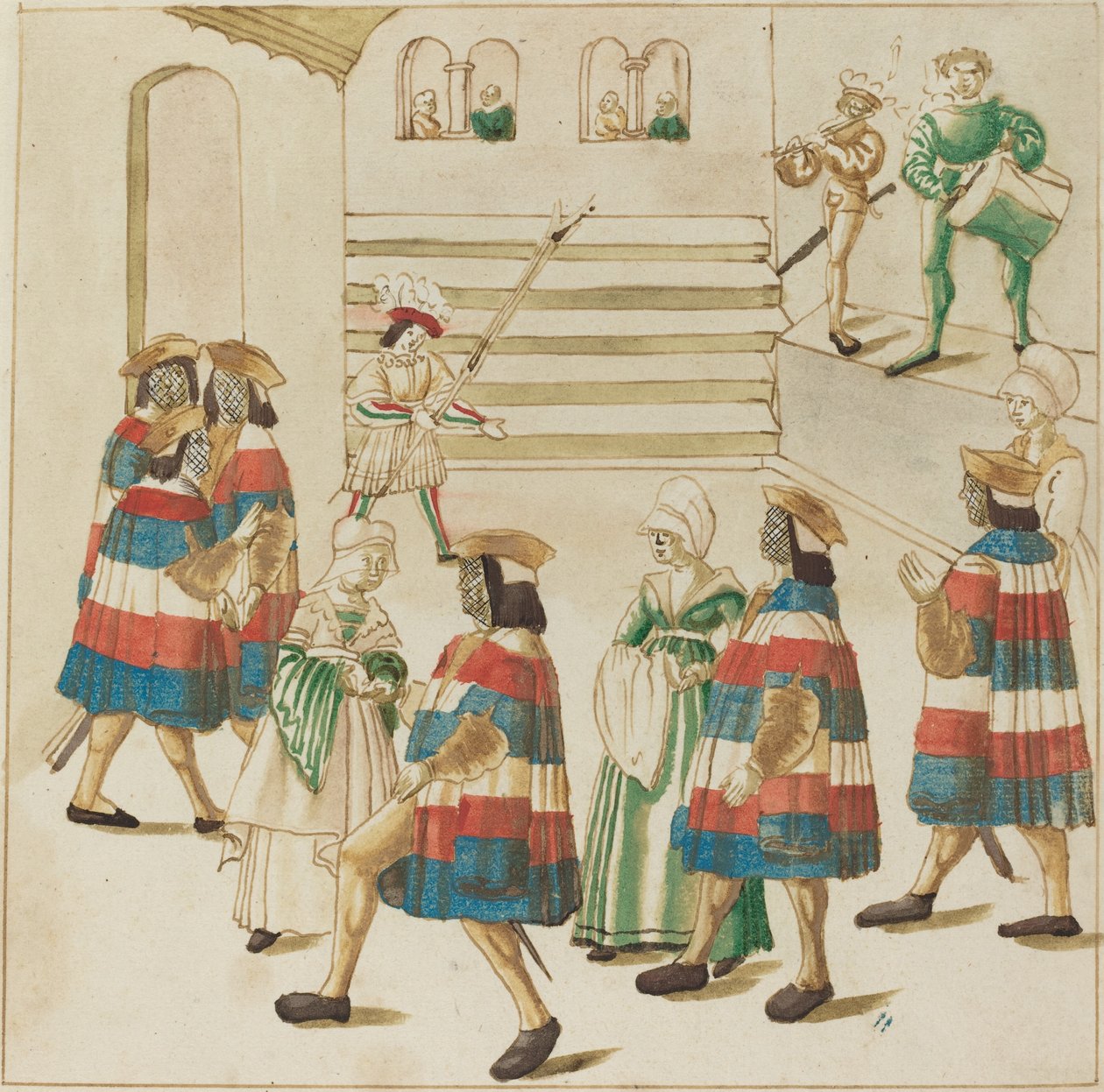Miehet punaisessa, valkoisessa ja sinisessä tanssimassa kumppaneidensa kanssa tekijältä German 16th Century