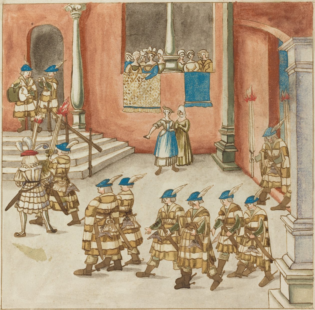 Ritareiden kulkue naisten katselemina parvekkeella tekijältä German 16th Century