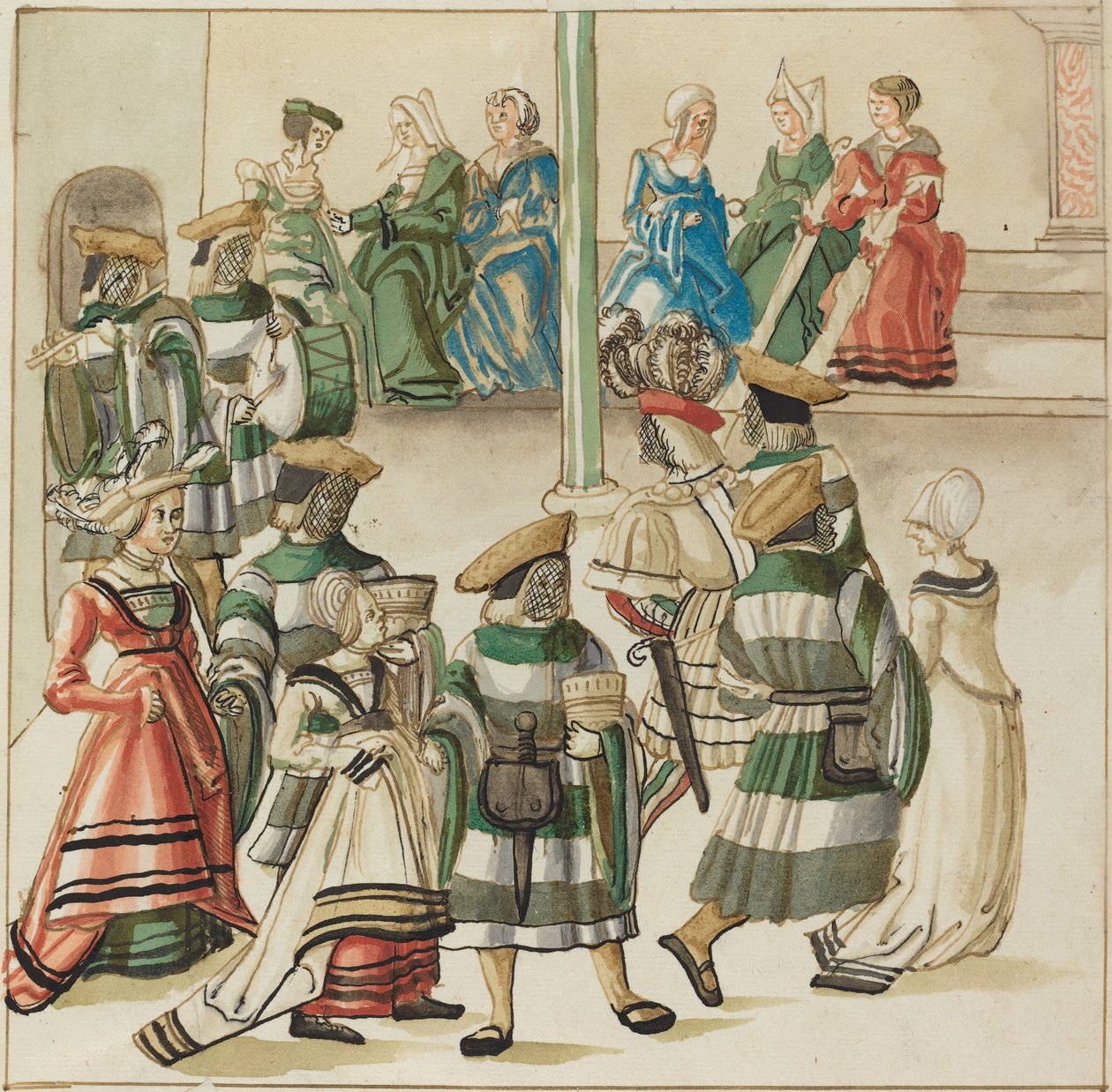 Kolme tanssivaa paria kahden ritarin johdolla huoneessa, jossa on sarake tekijältä German 16th Century