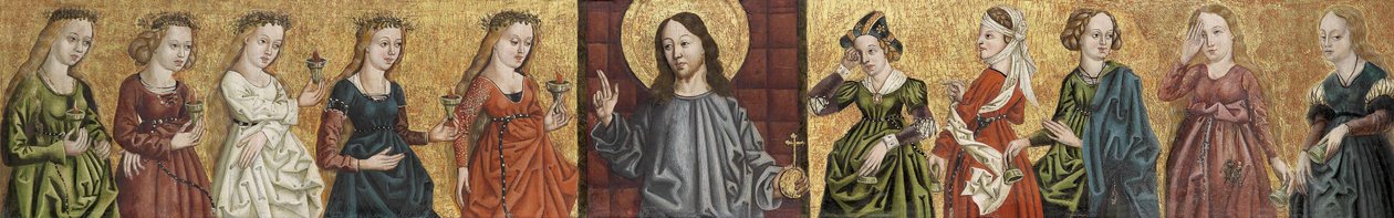Salvator Mundi viisaiden ja tyhmien neitsyiden tukemana, n. 1500 tekijältä German Master