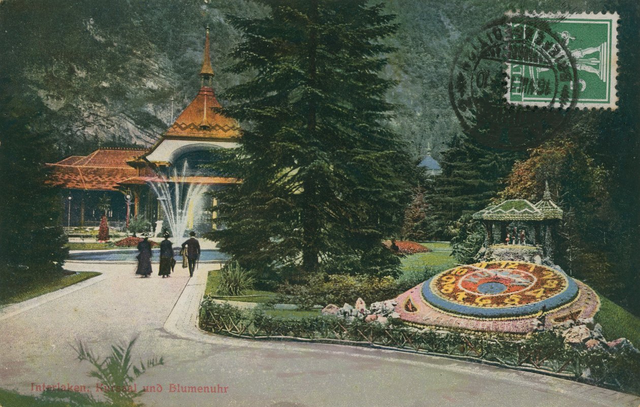 Interlaken, Kursaal ja kukkakello. Postikortti lähetetty 16. elokuuta 1913. tekijältä German Photographer
