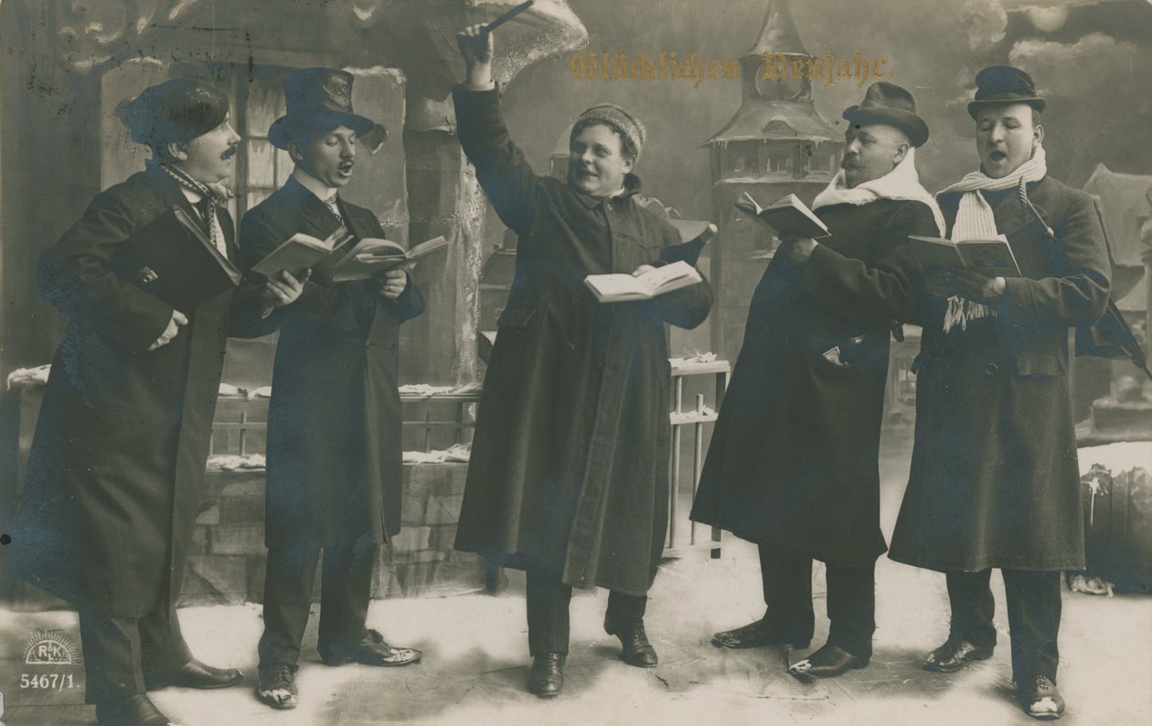 Postikortti, jossa saksalaiset laulavat uudenvuoden kunniaksi, lähetetty 31. joulukuuta 1913 (s/w-kuva). tekijältä German Photographer