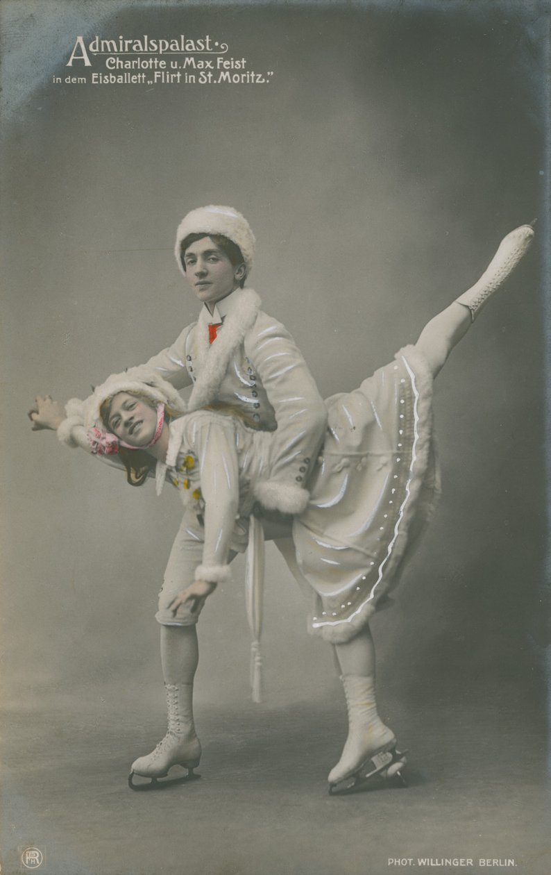 Postikortti luistelijoista, lähetetty vuonna 1913 (käsiväritetty kuva). tekijältä German Photographer