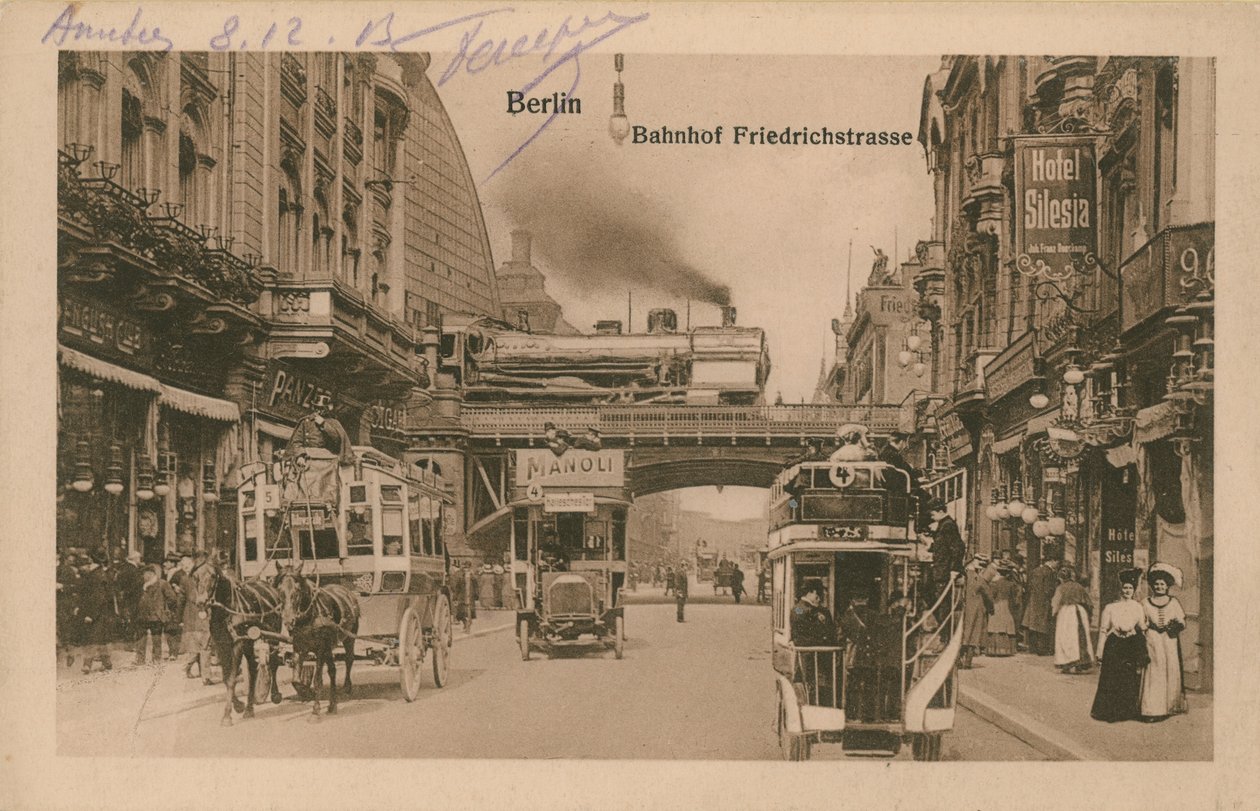 Postikortti Friedrichstrassen rautatieasemasta Berliinissä, lähetetty vuonna 1913 (s/w-kuva). tekijältä German Photographer