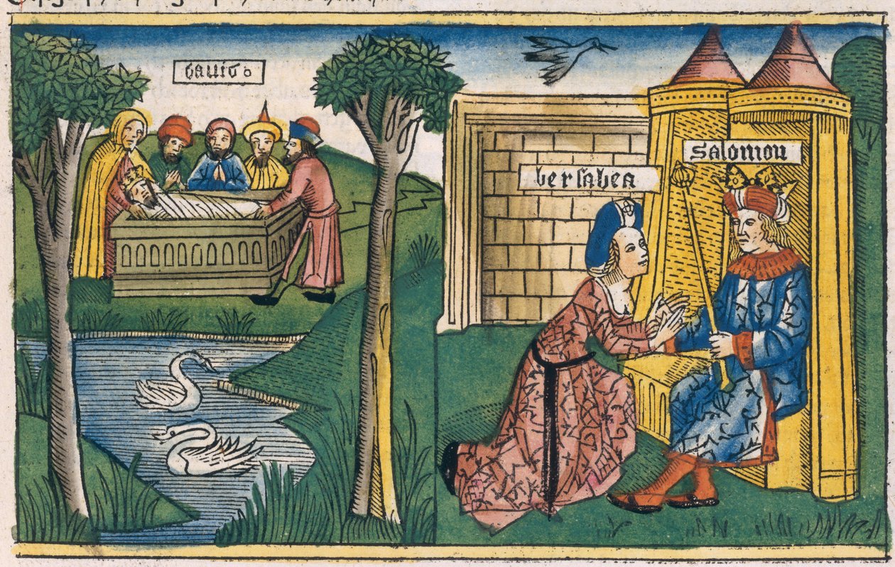 1 Kings 2 10-11 Daavidin kuolema ja 2 Kings 19-25 Batseba pyytää Salomolta Abisagia naimisiin Adonian kanssa, Nürnbergin Raamatusta (Biblia Sacra Germanaica) (värillinen puupiirros) tekijältä German School