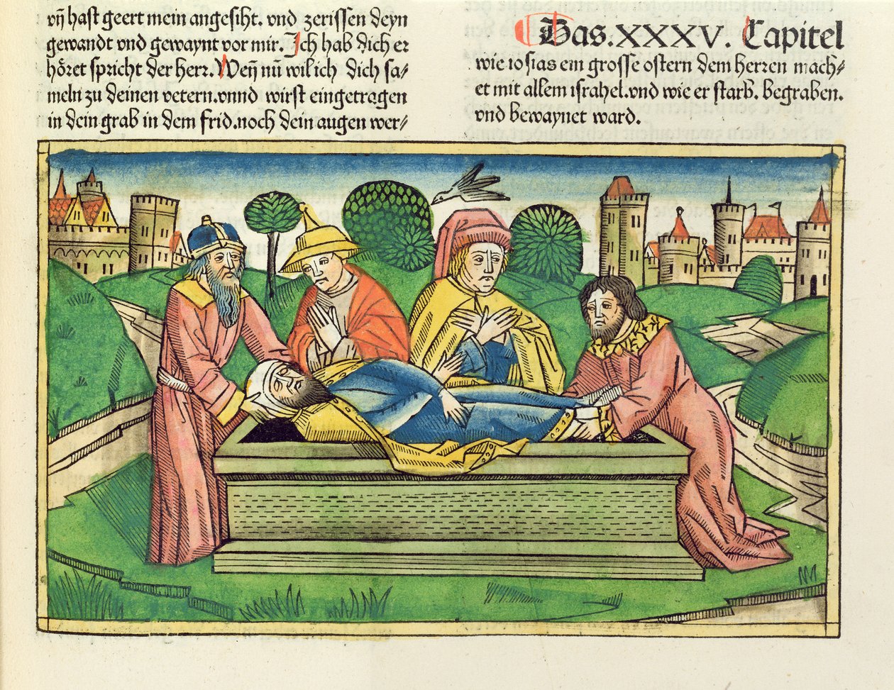 2 Chronicles 35 24 Josian hautaaminen, Nürnbergin Raamatusta (Biblia Sacra Germanaica) (värillinen puupiirros) tekijältä German School