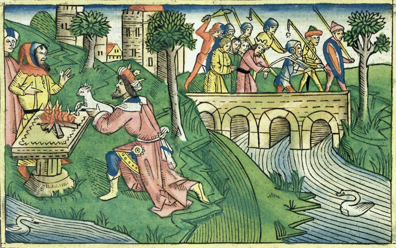 2 Kings 16 9-16 Damaskoksen asukkaat on vangittu Nürnbergin Raamatusta (Biblia Sacra Germanaica) (värillinen puupiirros) tekijältä German School