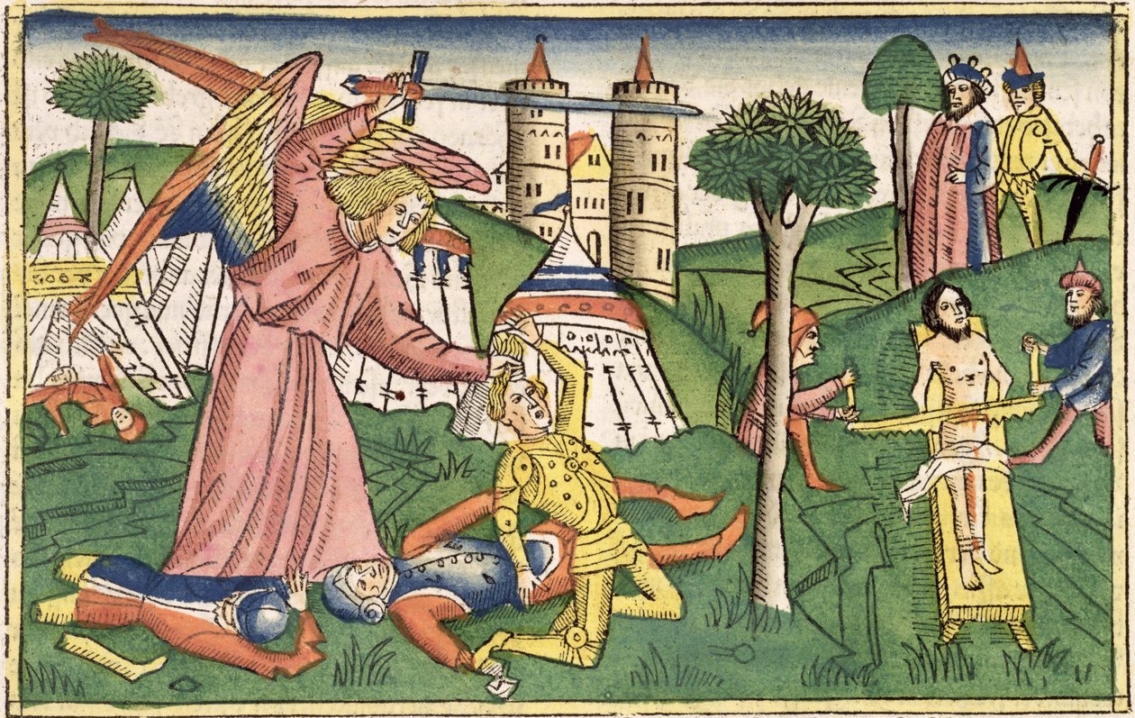 2 Kings 19 35-37 Jumalan kosto Assyrialle, "Nürnbergin Raamatusta (Biblia Sacra Germanica)" (värillinen puupiirros) tekijältä German School