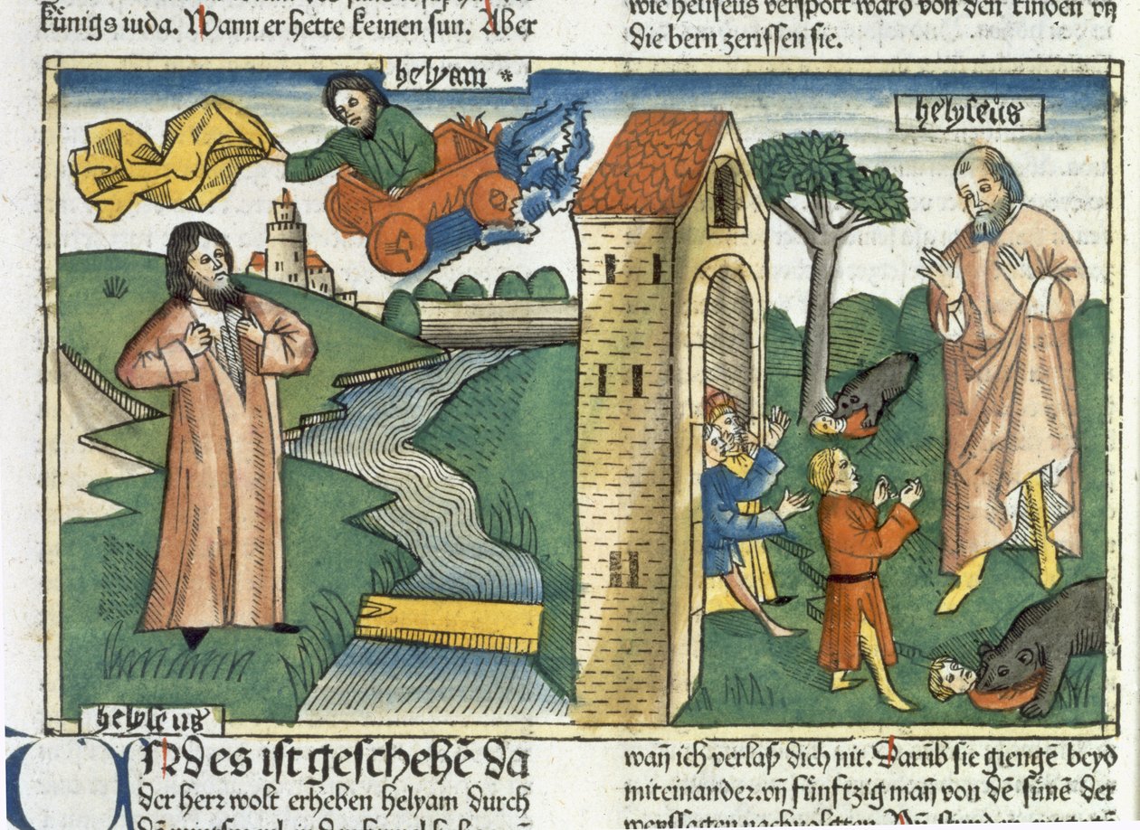 2 Kings 2 1-24 Elia nousee taivaaseen pyörteessä ja karhut syövät Elisaa pilkkasivat pojat, Nürnbergin Raamatusta (Biblia Sacra Germanaica) (värillinen puupiirros) tekijältä German School