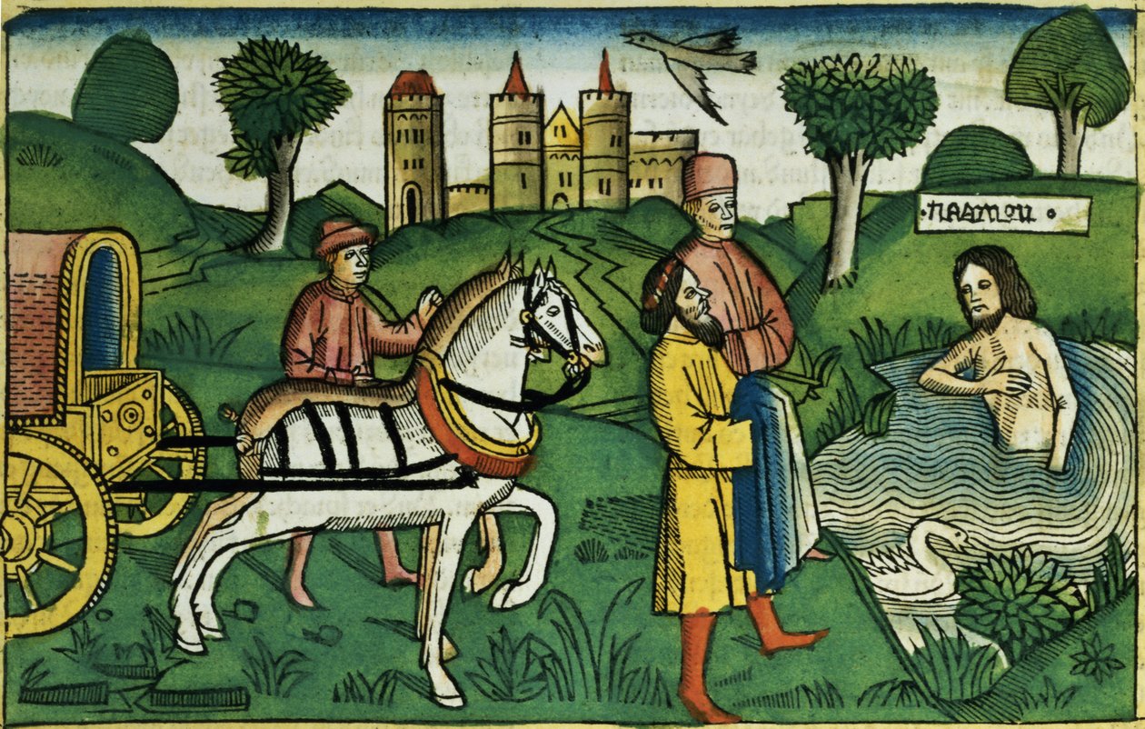 2 Kings 5 14 Naamanin puhdistus Nürnbergin Raamatusta (Biblia Sacra Germanaica) (värillinen puupiirros) tekijältä German School