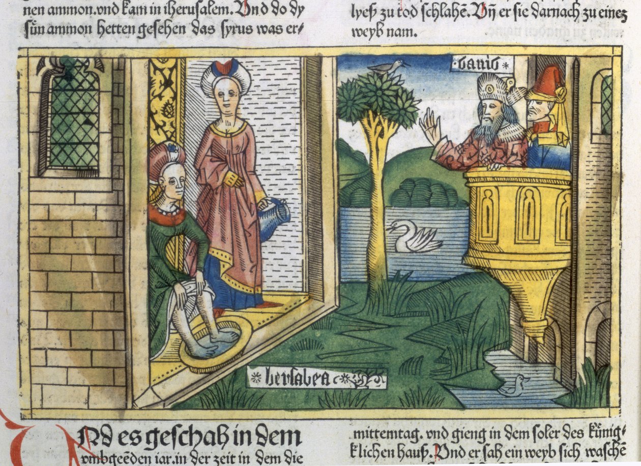 2 Samuel 11 1-5 Daavid näkee Batseban kylpemässä, Nürnbergin Raamatusta (Biblia Sacra Germanaica) (värillinen puupiirros) tekijältä German School