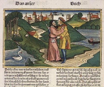 2 Samuel 3:27 Joab murhaa Abnerin, "Nürnbergin Raamatusta (Biblia Sacra Germanaica)" (värillinen puupiirros) tekijältä German School