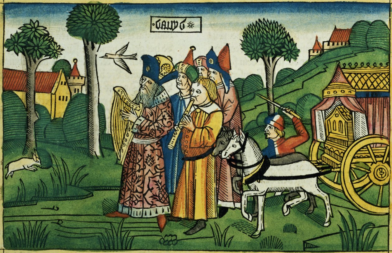 2 Samuel 6 1-5 Daavid tuo arkin Jerusalemiin, Nürnbergin Raamatusta (Biblia Sacra Germanaica) (värillinen puupiirros) tekijältä German School
