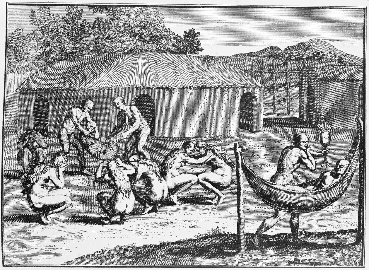 Hautajaisseremonia, kopioitu David Herzlibergerin kirjasta, pub. vuonna 1748, teoksesta The Romance of the River Plate, osa. Minä, W. H. Koebel, 1914 tekijältä German School