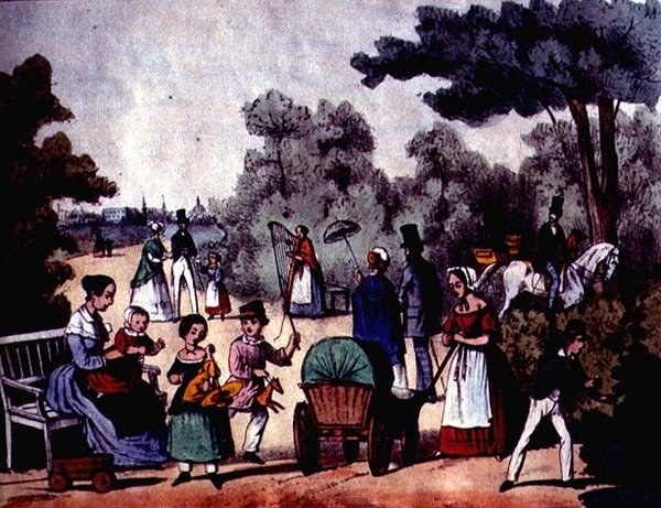 Saksalainen puisto kesällä, noin 1860 (värikaiverrus). tekijältä German School