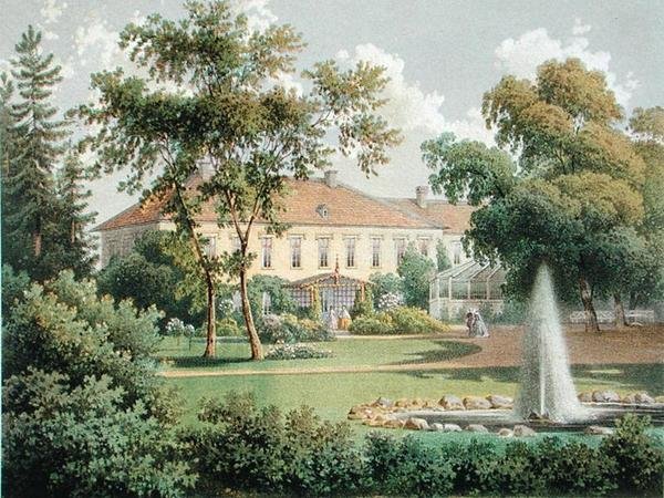 Saksalainen puutarha, teoksesta "Preussin monarkian ritarimaanomistajien maaseutuasunnot, linnat ja asunnot", julkaistu n. 1852-63 (värilitho) tekijältä German School