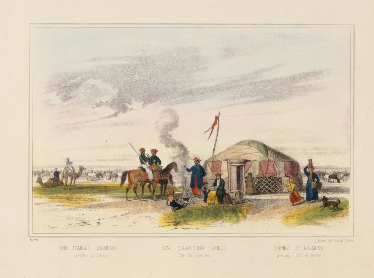 Kalmyk (Länsi-Mongolian) perhe, joka paimen hevosia, kuvalehti, julkaisija Joseph Scholz, Mainz, n. 1860 tekijältä German School