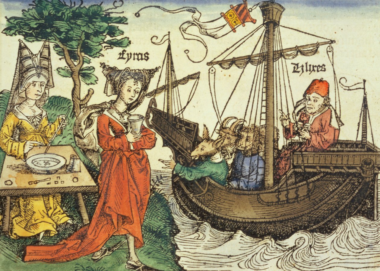 Noita, luultavasti Circe myrkkykupin kanssa ja Odysseus kumppaneineen Hartmann Schedelin (1440-1514) Nürnbergin kronikasta 1493 tekijältä German School