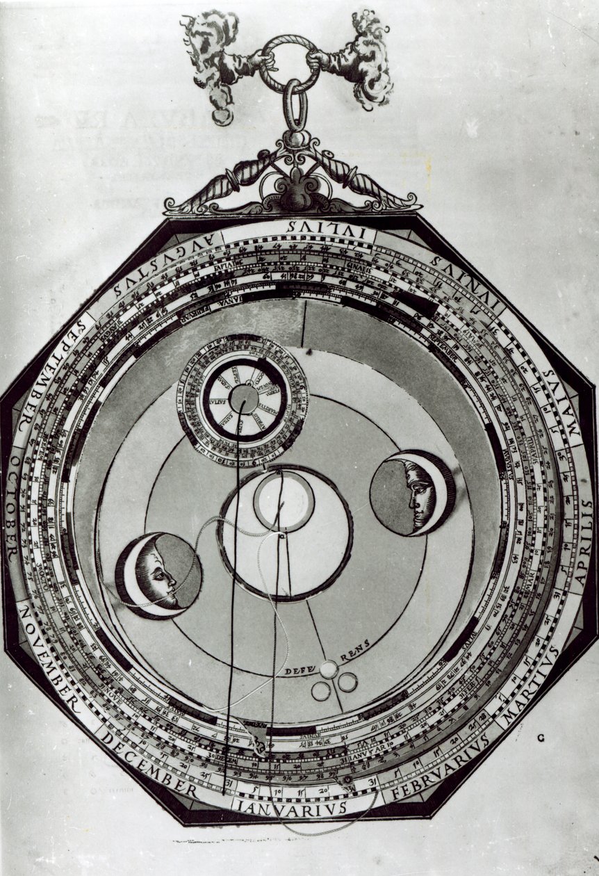 Volvelle, jossa mahdollisesti näkyy Kuun kiertokulku Petrus Apianuksen Astronomicon Caesareumin kuvituksen jälkeen, 1540 tekijältä German School