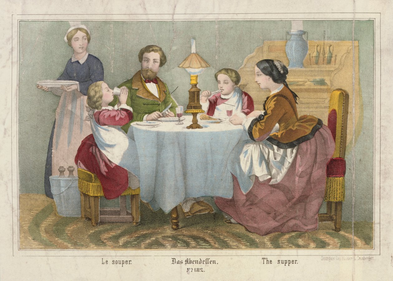 Perhe illallisella, kuvalehti, julkaisija Haider & Cronberger, Stuttgart, 1860 tekijältä German School
