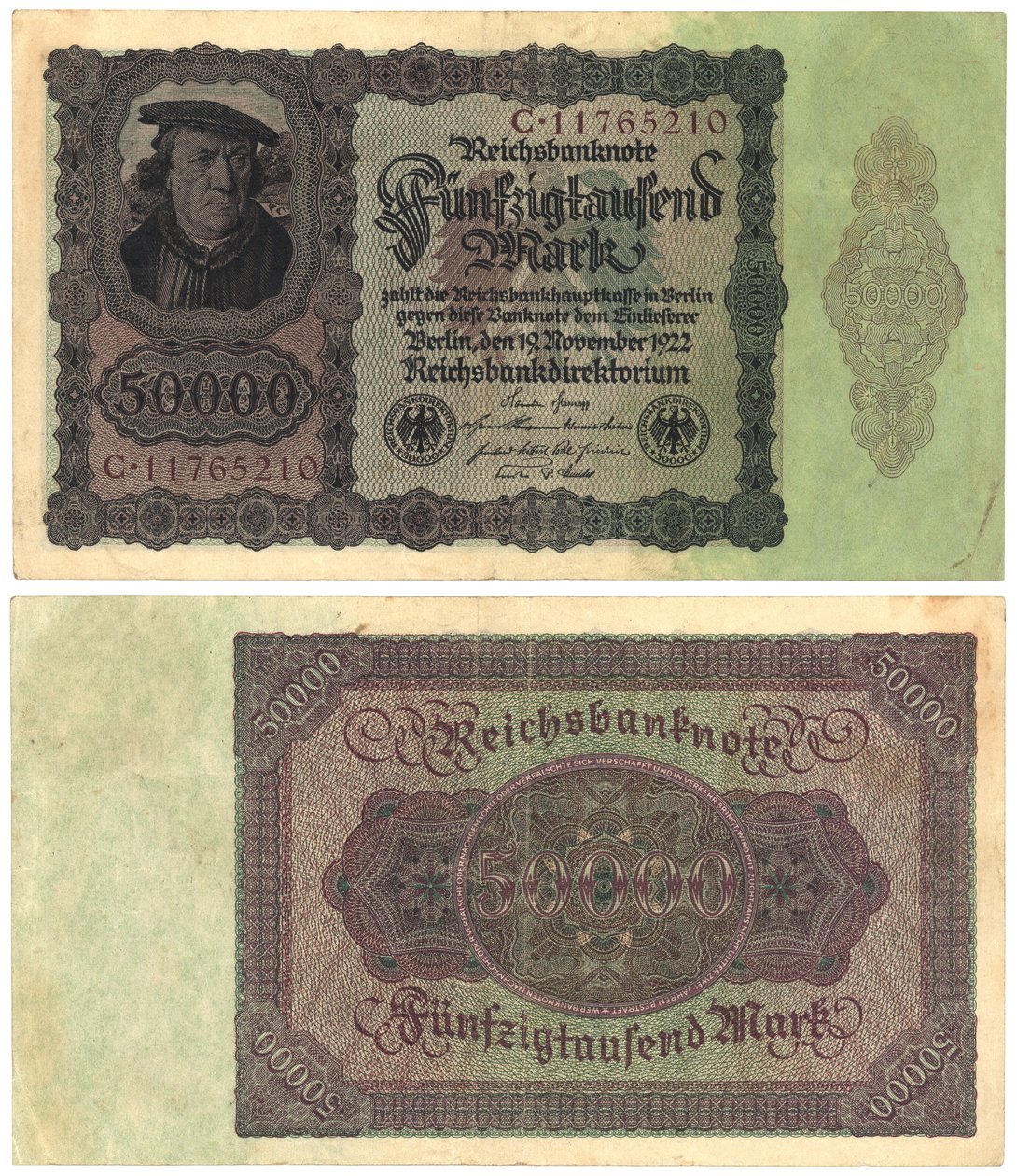 Viidenkymmenen tuhannen markan seteli, 1922 (recto ja verso) tekijältä German School