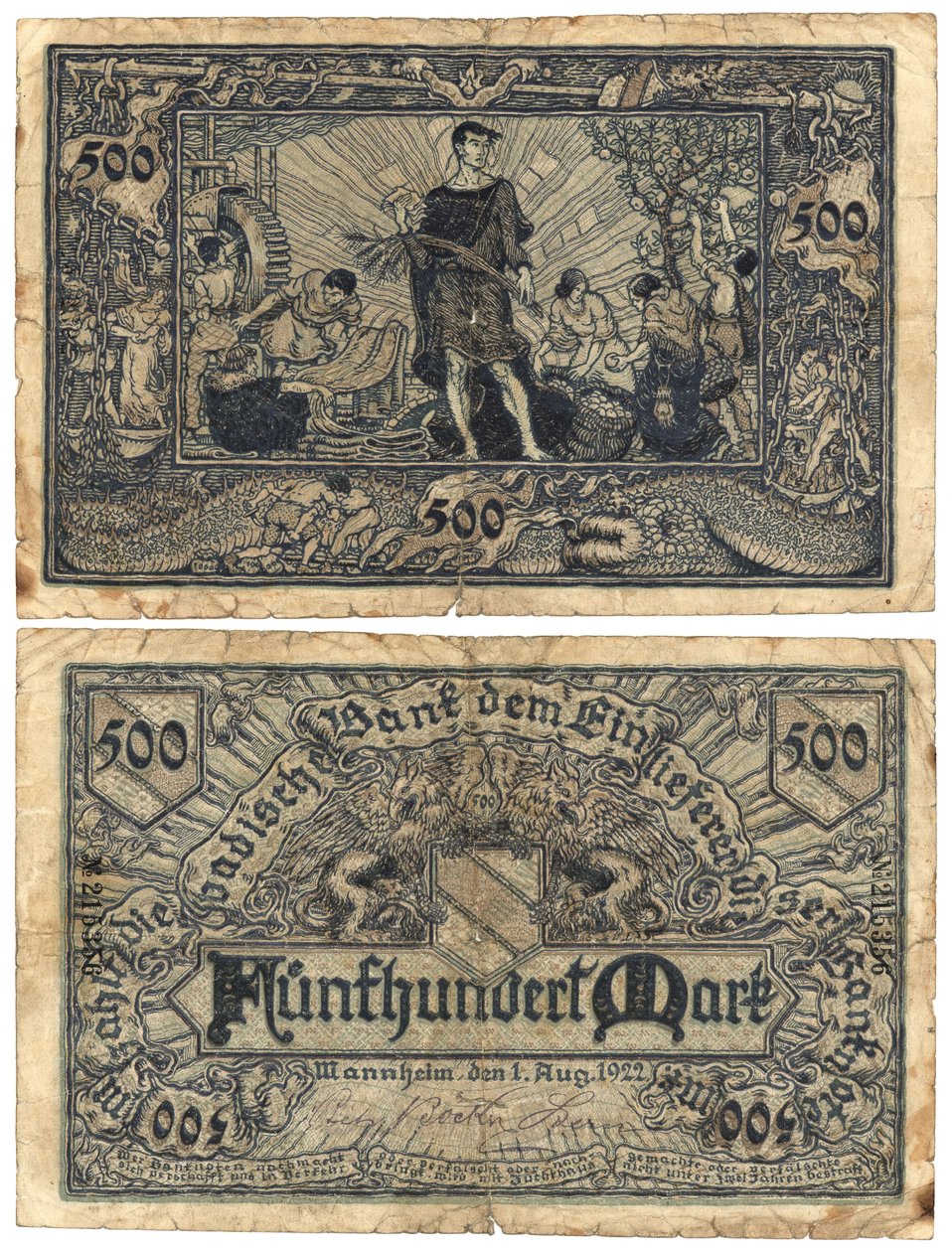 Viidensadan markan seteli, 1922 (recto ja verso) tekijältä German School