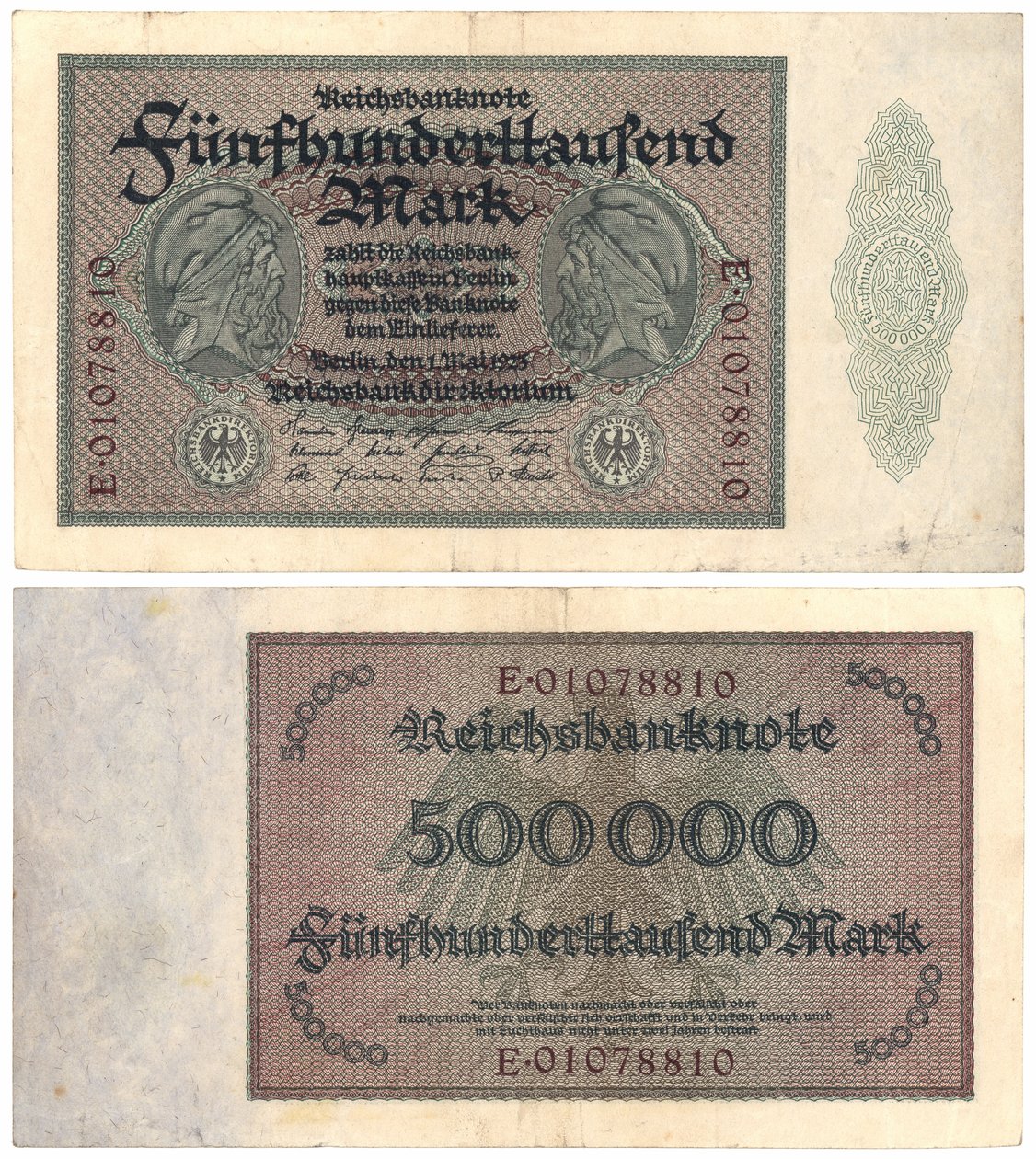 Viidensadan tuhannen markan seteli, 1923 (recto ja verso) tekijältä German School
