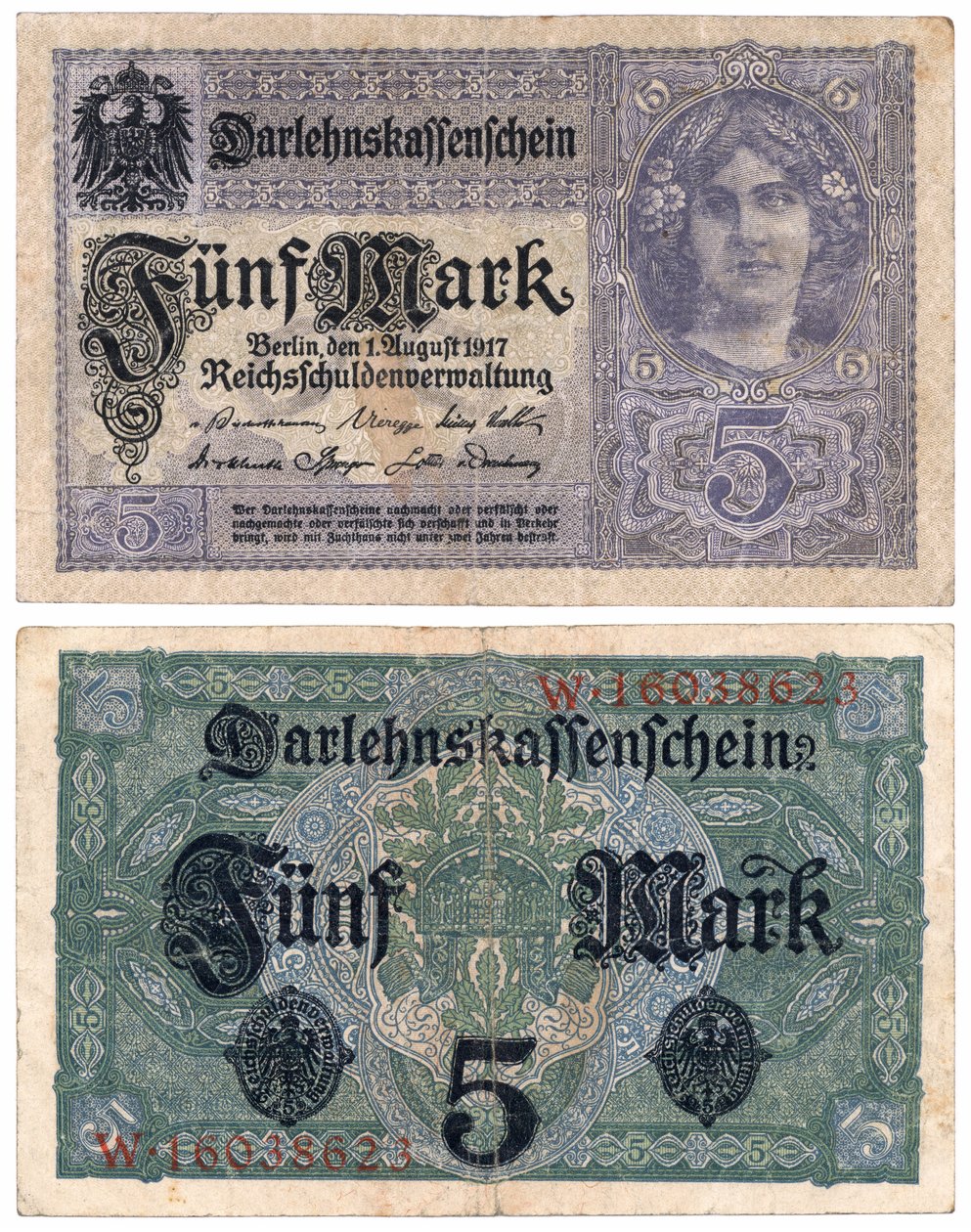 Viiden markan seteli, 1917 (recto ja verso) tekijältä German School