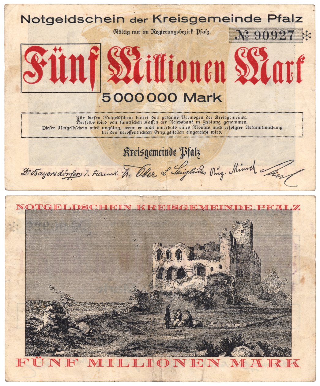 Viiden miljoonan markan seteli, n. 1923 (recto ja verso) tekijältä German School