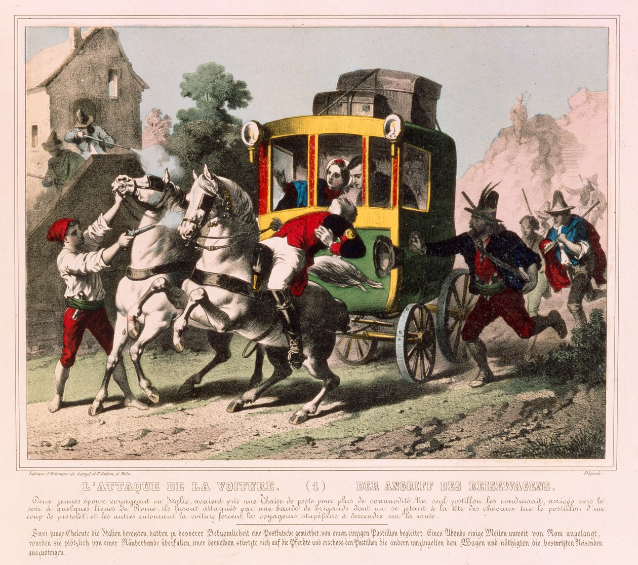 Moottoritiemiehet hyökkäävät häämatkaparin kimppuun Italiassa, Gangel & P. Didionin julkaisema kuvalehti, Metz, n. 1850 tekijältä German School