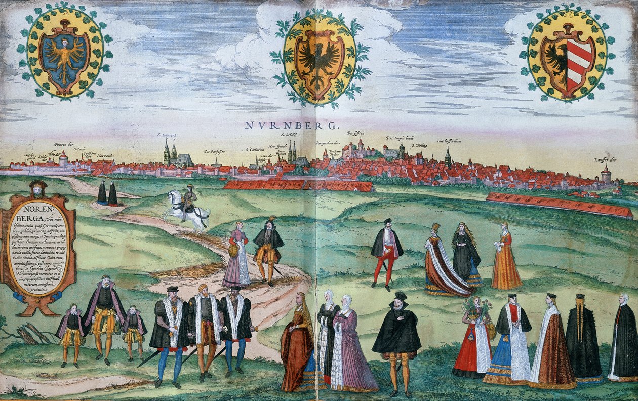 Panoraamanäkymä Nürnbergiin, paikallispukuiset hahmot etualalla, n. 1575 tekijältä German School